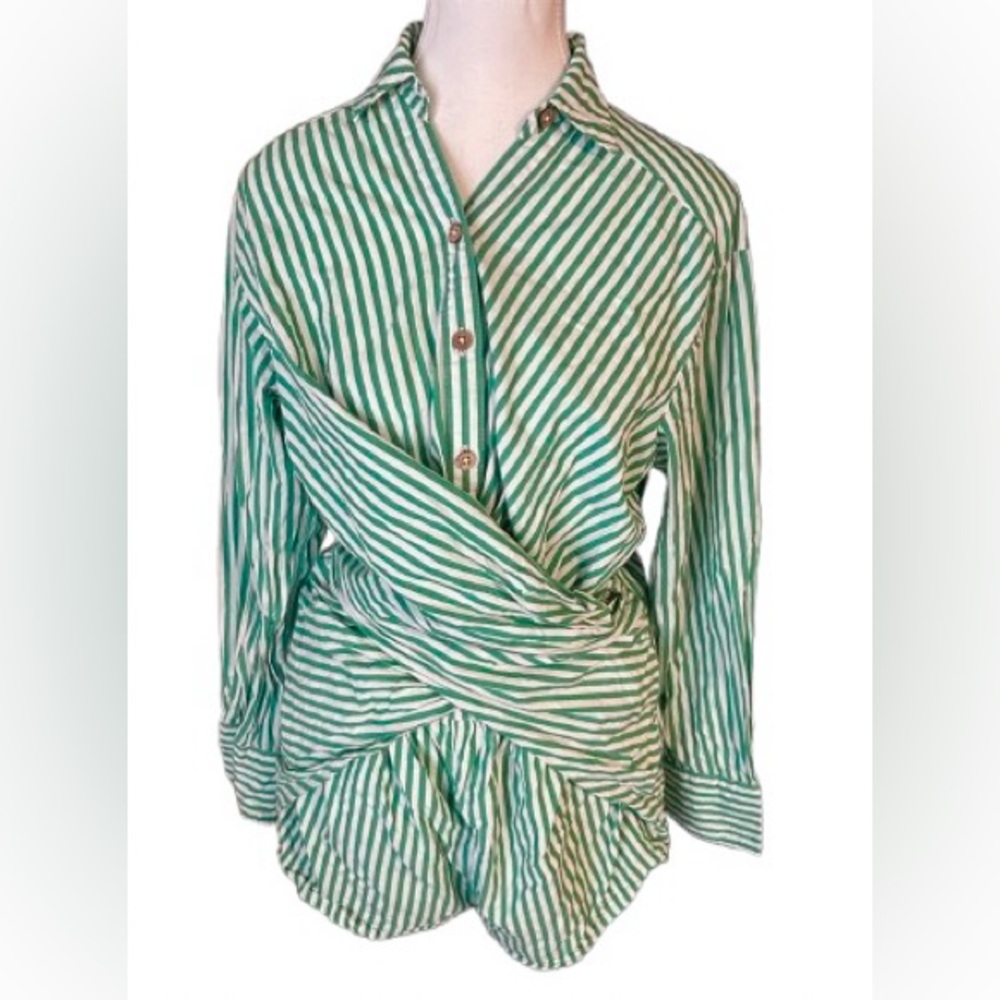 FREE PEOPLE 100% Cotton Romper Striped Green & White Shorts Designer Extra Small